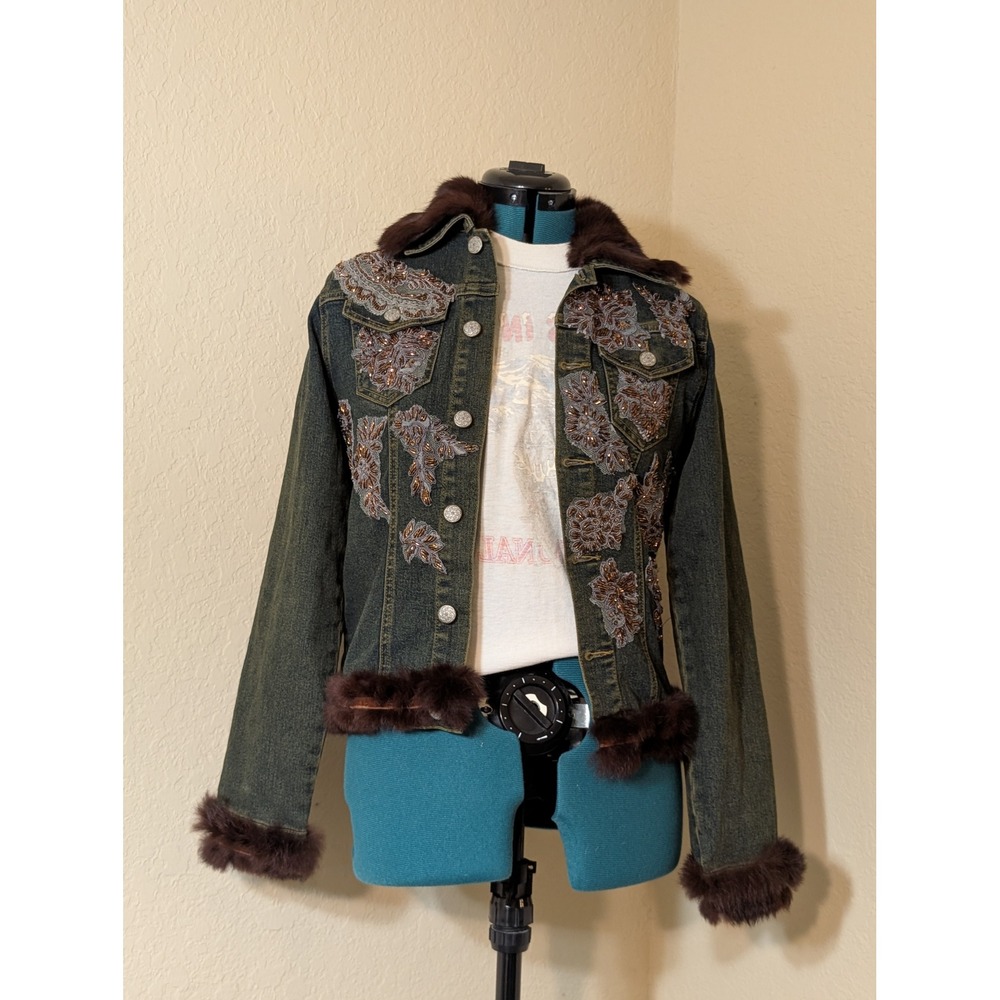 Hazel Beaded Floral Embellished Denim‎ Jacket Brown Faux Fur Trim Small Y2K READ